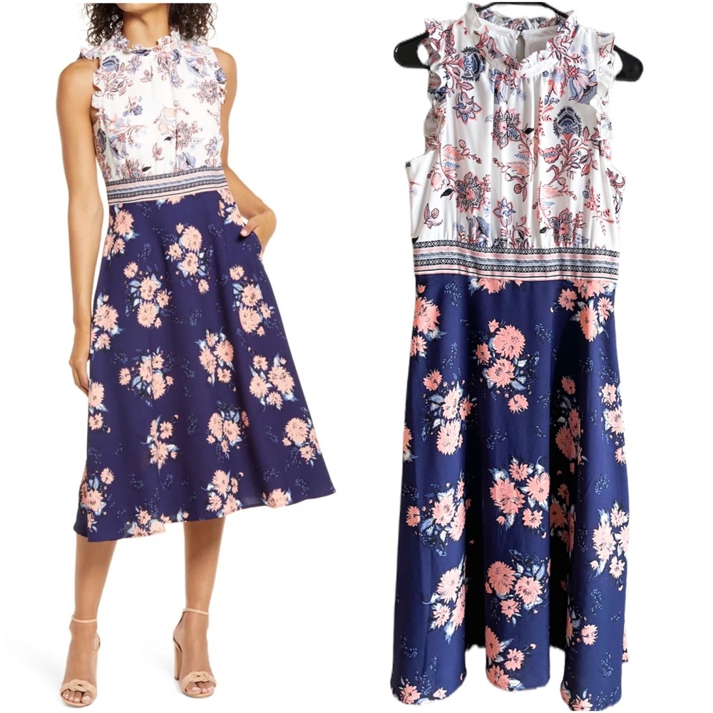 Vince Camuto Retro Looking Ruffle Trim Floral Mixed Print Crepe Midi Dress‎